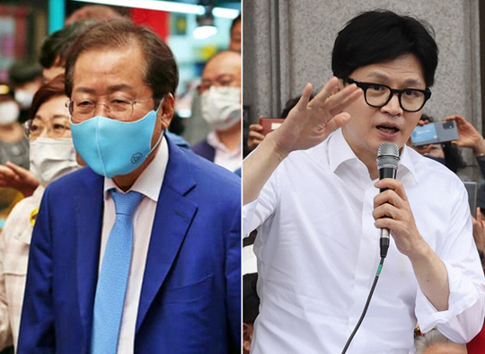 지난 2021년 9월 홍준표 당시 국민의힘 제20대 대선 경선후보가 공개 일정에 나선 모습(왼쪽). 국민의힘 제22대 총선 총괄선거대책위원장으로서 수도권 유세를 다닐 당시의 한동훈 국민의힘 비상대책위원장.<홍준표 대구광역시장 페이스북 사진·연합뉴스 사진 갈무리>